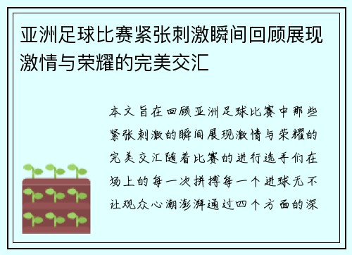 亚洲足球比赛紧张刺激瞬间回顾展现激情与荣耀的完美交汇