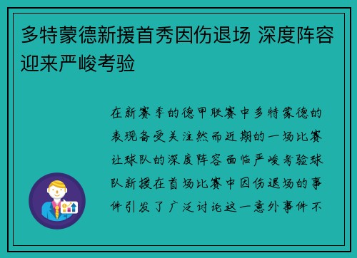 多特蒙德新援首秀因伤退场 深度阵容迎来严峻考验