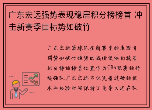 广东宏远强势表现稳居积分榜榜首 冲击新赛季目标势如破竹