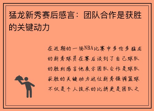 猛龙新秀赛后感言：团队合作是获胜的关键动力
