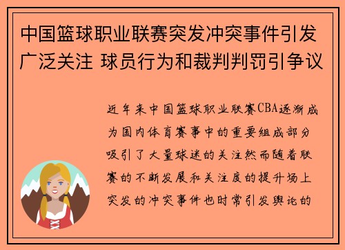 中国篮球职业联赛突发冲突事件引发广泛关注 球员行为和裁判判罚引争议