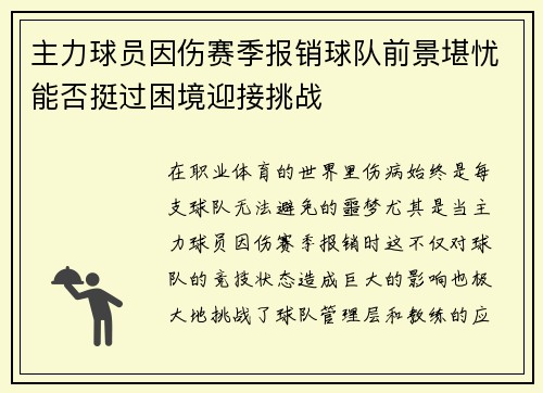 主力球员因伤赛季报销球队前景堪忧能否挺过困境迎接挑战